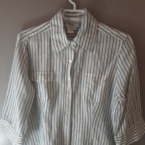 Puli 100% Linen White Grey Pinstripe Button Up Shirt Blouse, Size Large - Picture 2 of 13